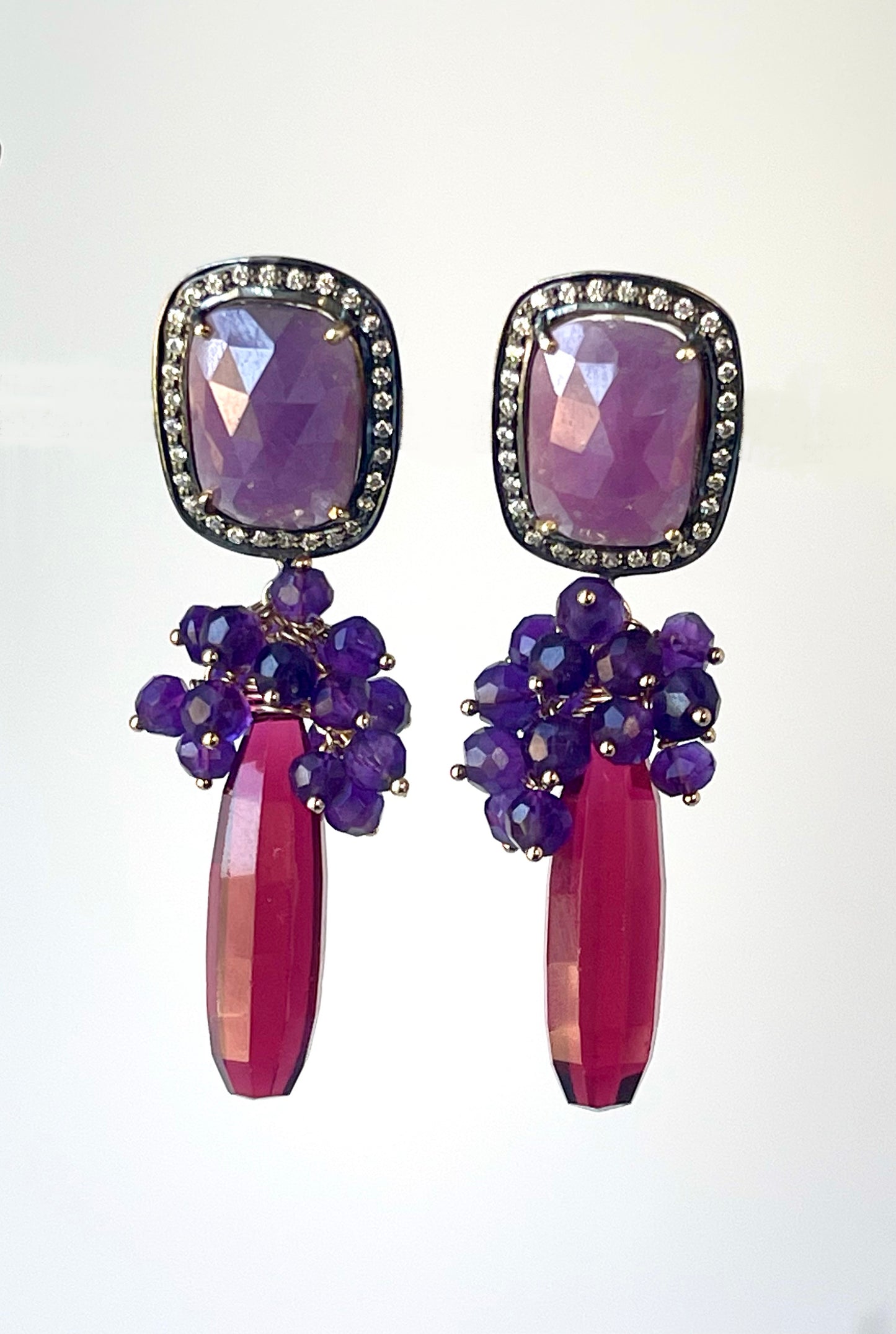 Amethyst Gemstone Grape Cluster Earrings with Raspberry Red Quartz Briolettes and Pink Sapphire Ear Posts, Gold Filled and Gold Plated