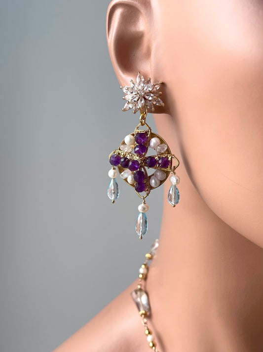 Celestial Alchemical Renaissance Style Gemstone Earrings, Byzantine Medieval Jewelry, Handcrafted with Amethyst Pearl and Blue Topaz