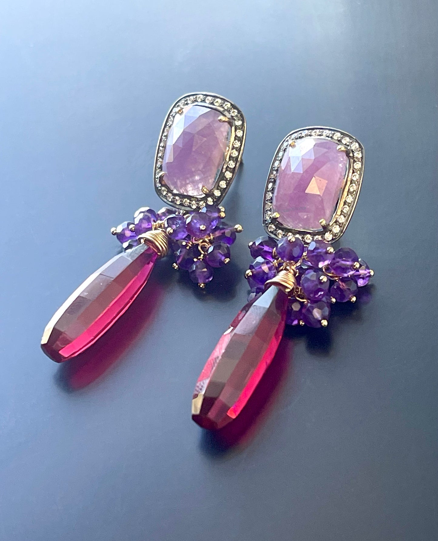 Amethyst Gemstone Grape Cluster Earrings with Raspberry Red Quartz Briolettes and Pink Sapphire Ear Posts, Gold Filled and Gold Plated