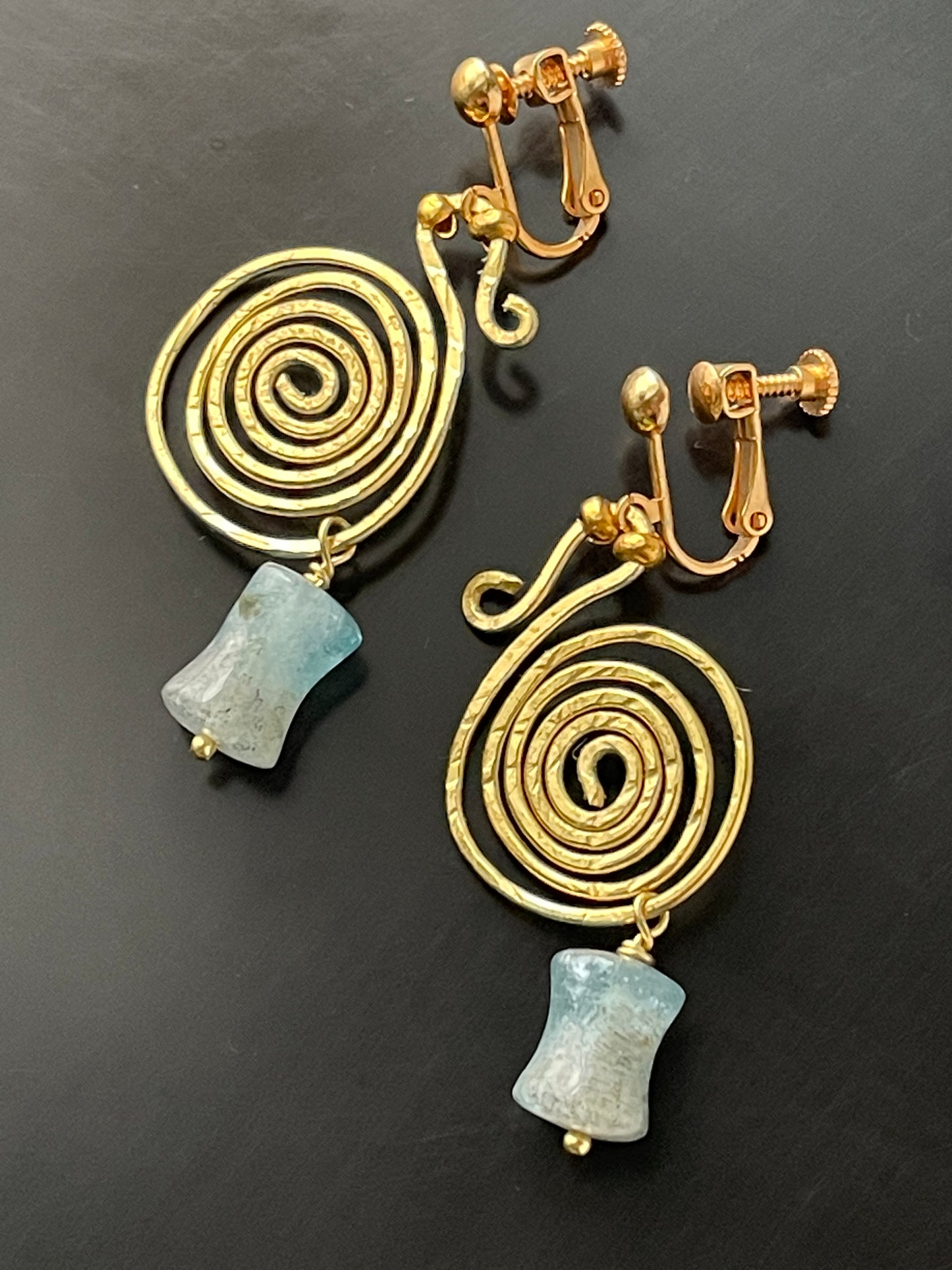 Bronze Age Celtic Style Spiral Coil Earrings with Blue Moss Aquamarine