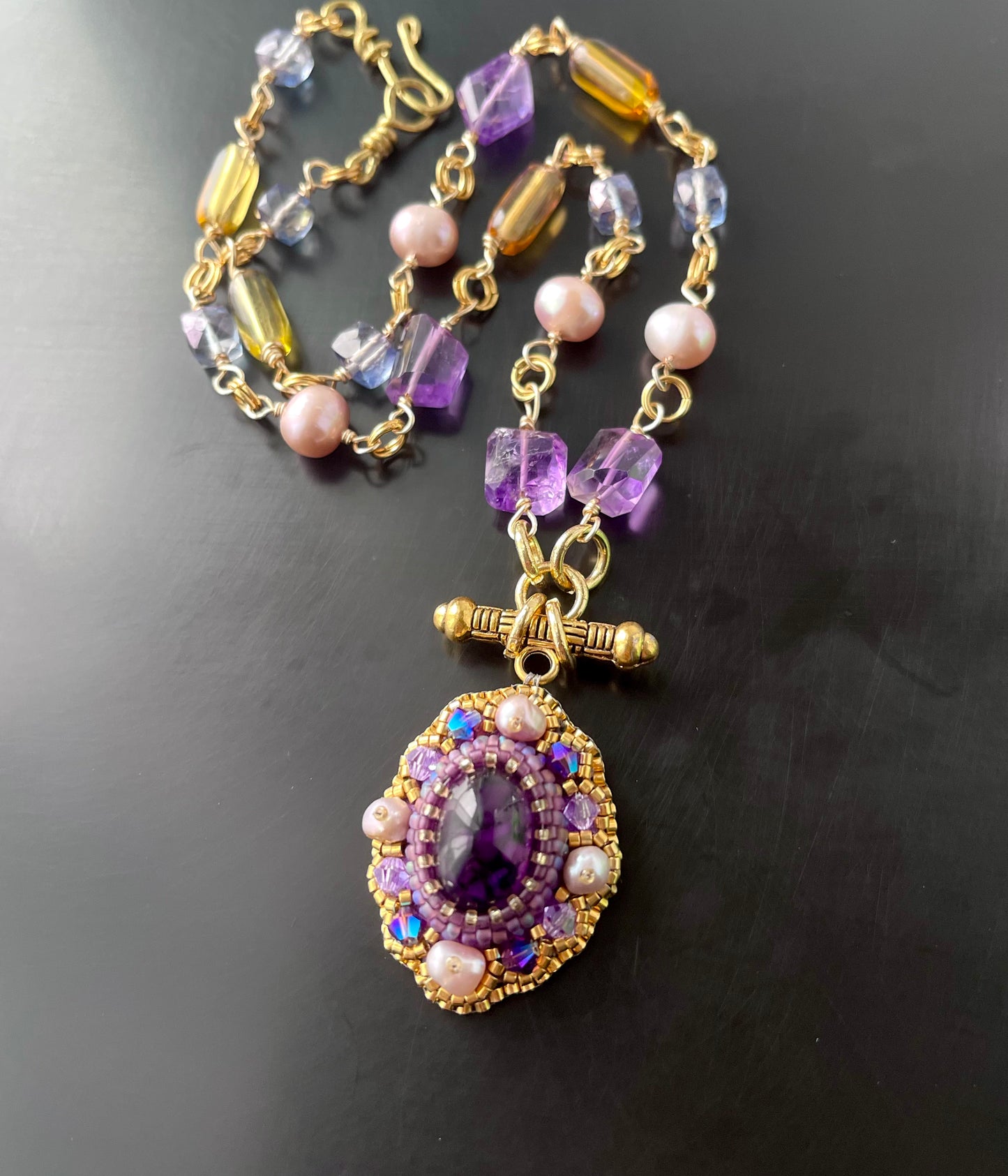 Byzantine Amethyst Gemstone Chain Necklace with Pearls