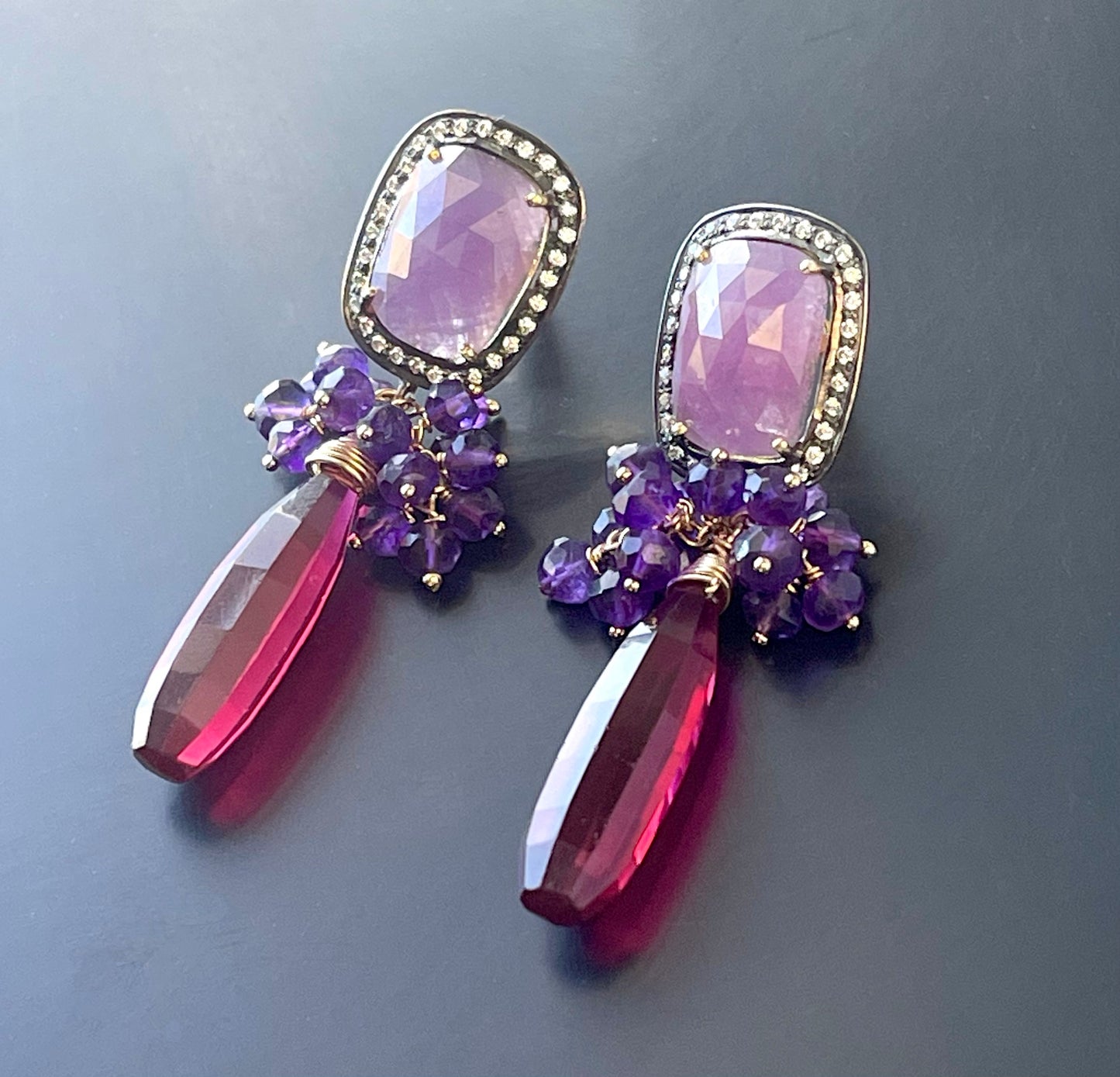 Amethyst Gemstone Grape Cluster Earrings with Raspberry Red Quartz Briolettes and Pink Sapphire Ear Posts, Gold Filled and Gold Plated