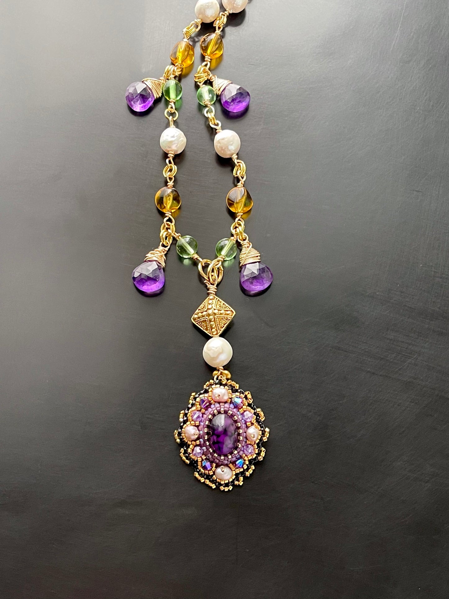 Byzantine Amethyst and Baroque Pearl Chain Necklace