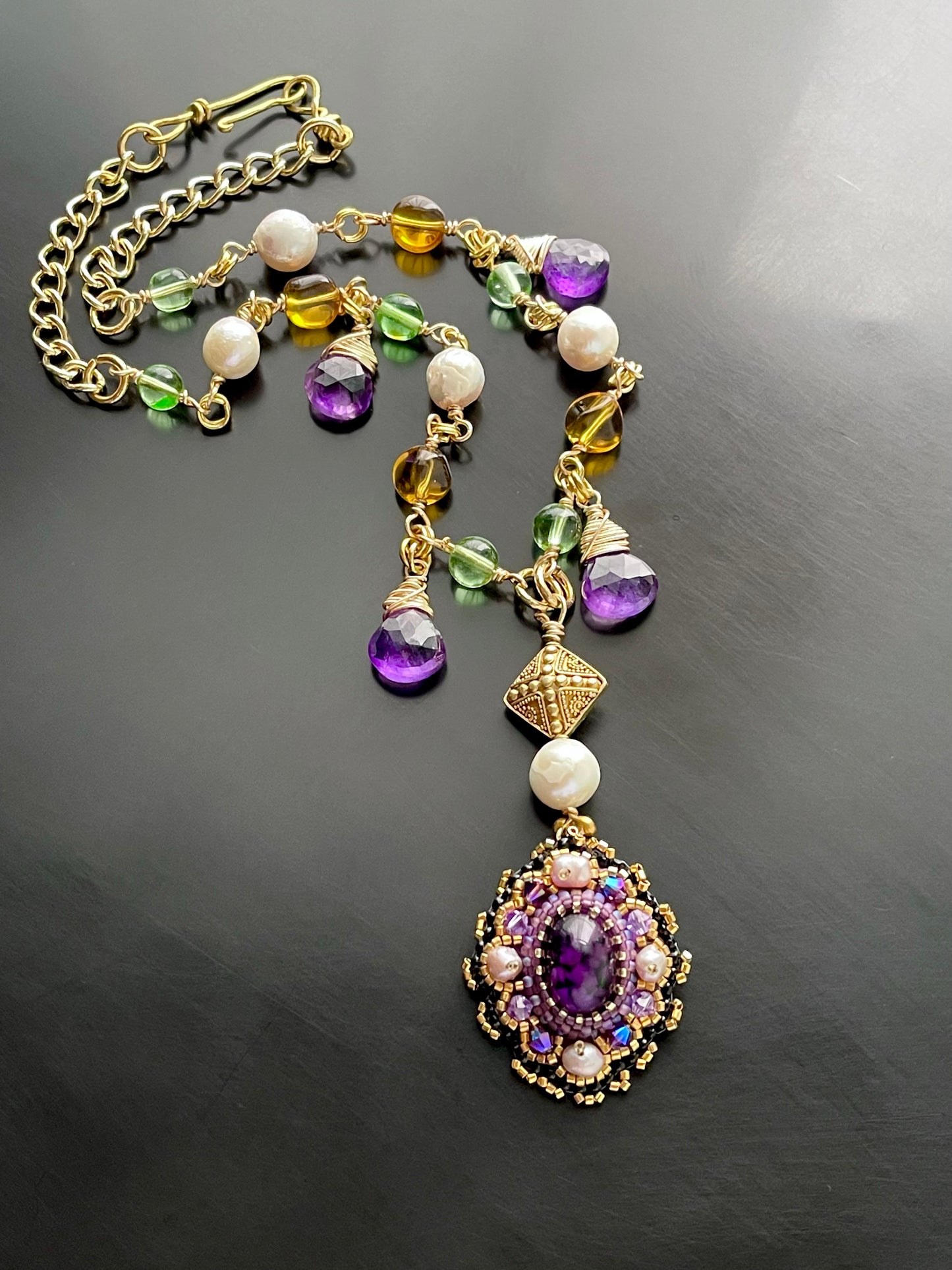 Byzantine Amethyst and Baroque Pearl Chain Necklace