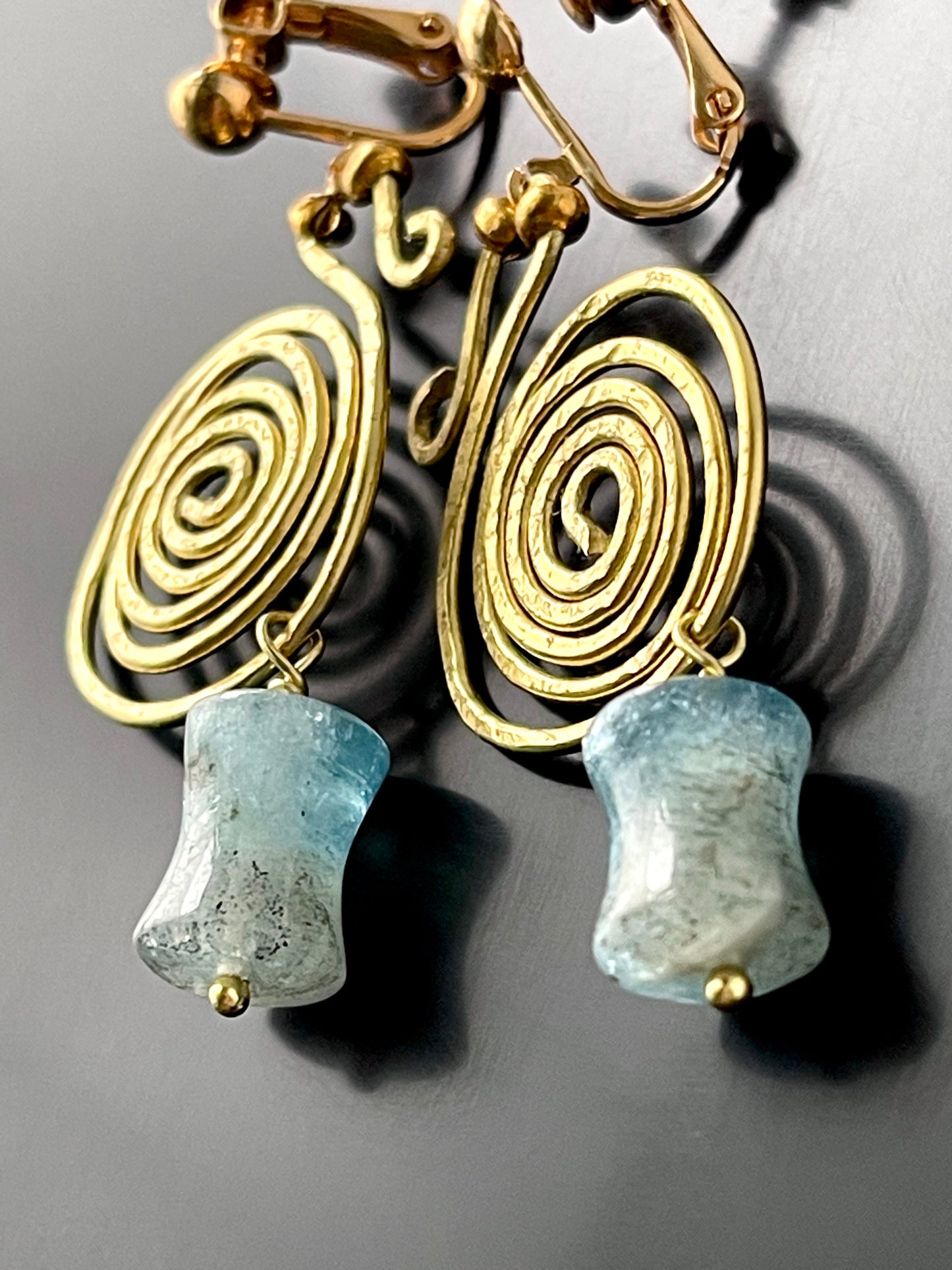 Bronze Age Celtic Style Spiral Coil Earrings with Blue Moss Aquamarine