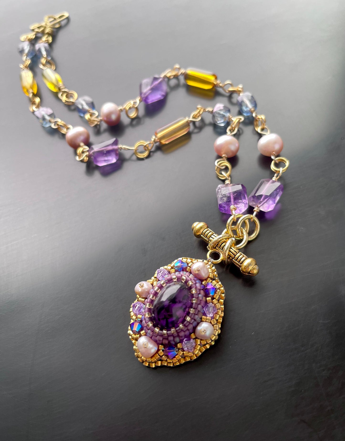 Byzantine Amethyst Gemstone Chain Necklace with Pearls