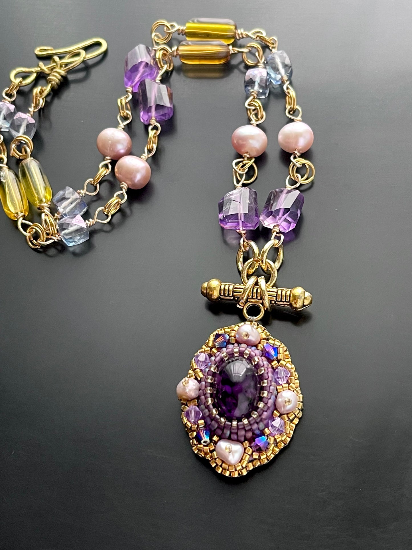 Byzantine Amethyst Gemstone Chain Necklace with Pearls