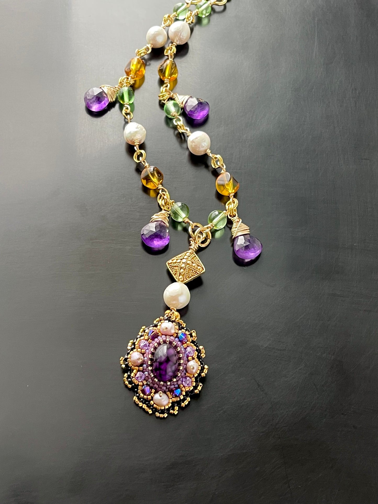 Byzantine Amethyst and Baroque Pearl Chain Necklace