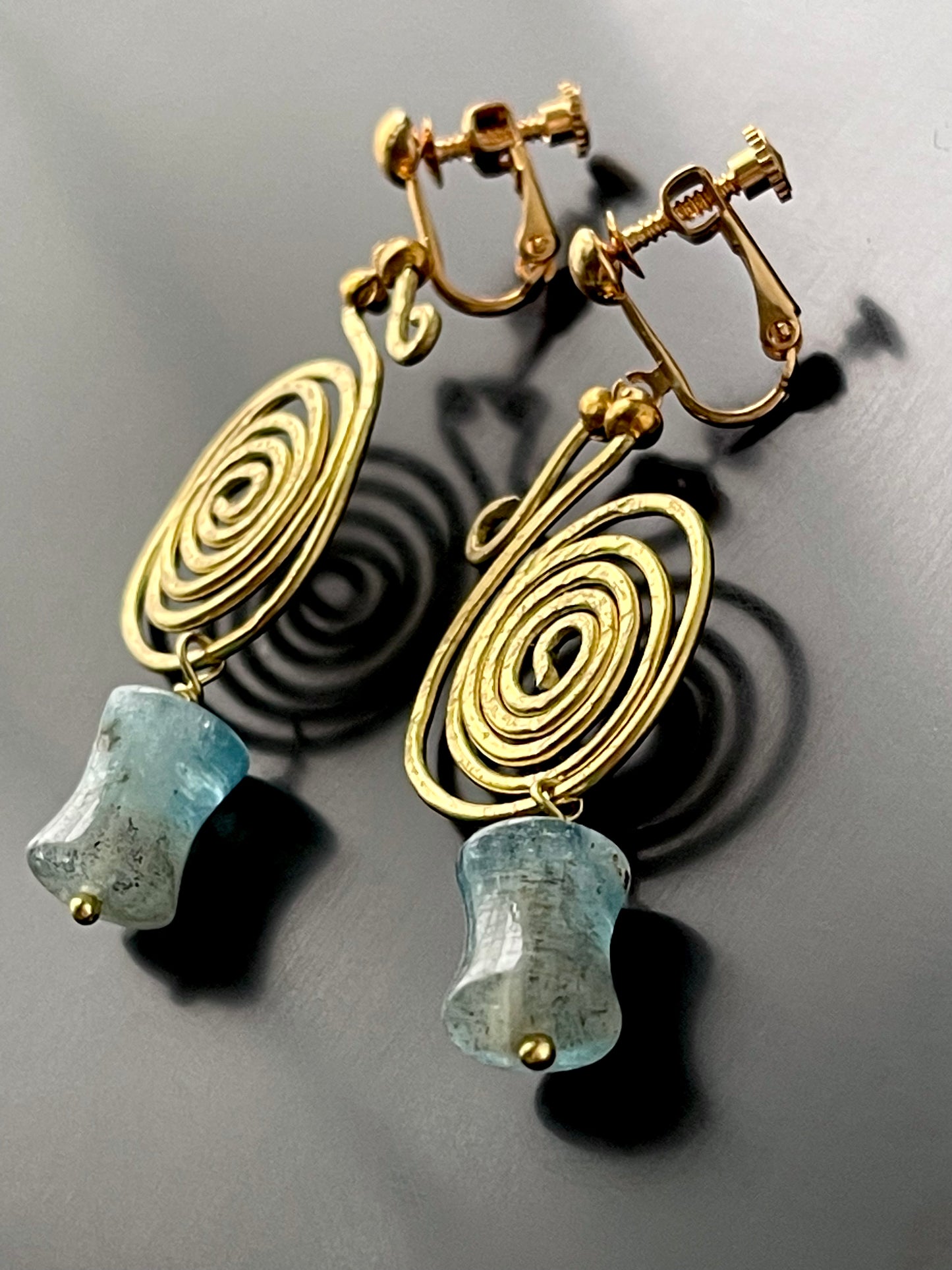 Bronze Age Celtic Style Spiral Coil Earrings with Blue Moss Aquamarine