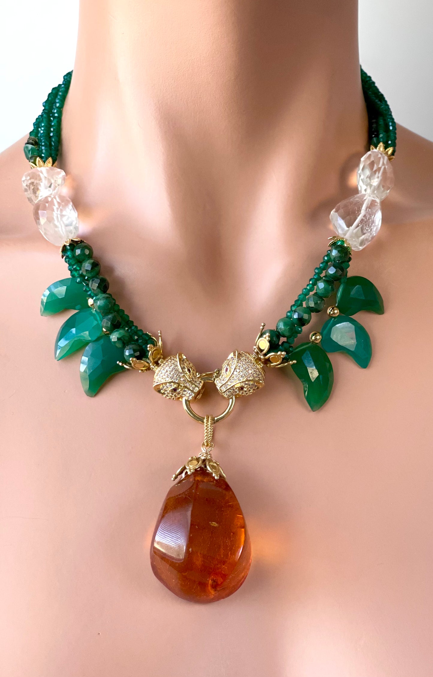 Luxury Necklace with Baltic Amber and Carved Green Onyx