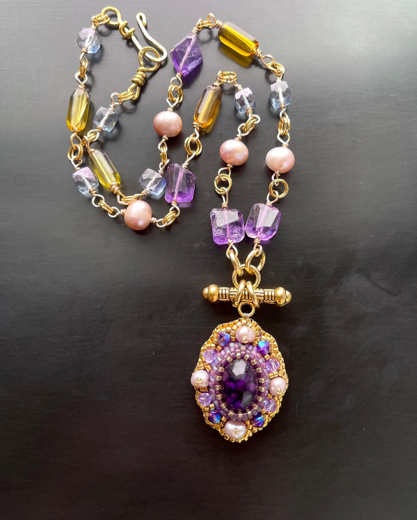 Byzantine Amethyst Gemstone Chain Necklace with Pearls