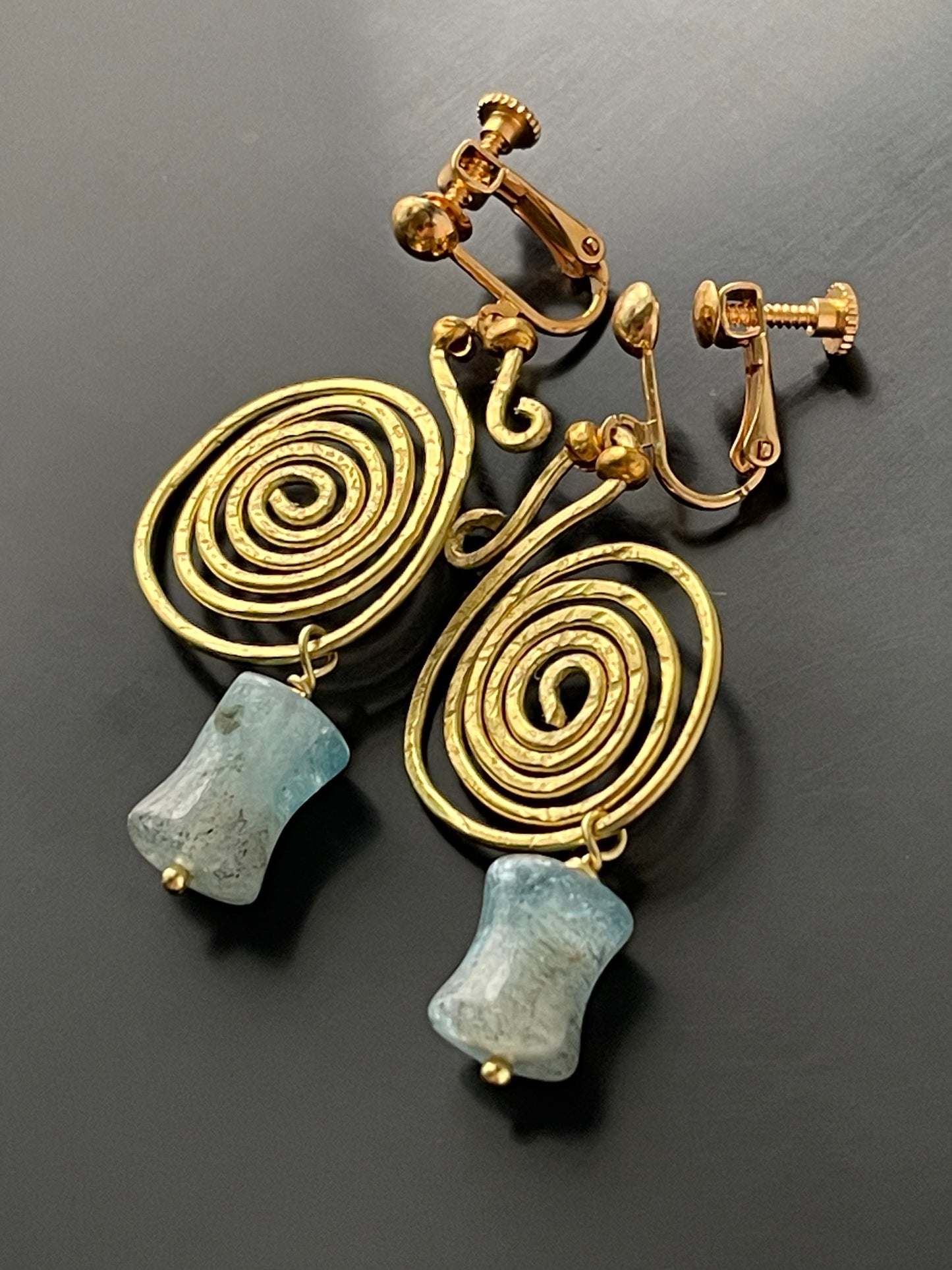 Bronze Age Celtic Style Spiral Coil Earrings with Blue Moss Aquamarine