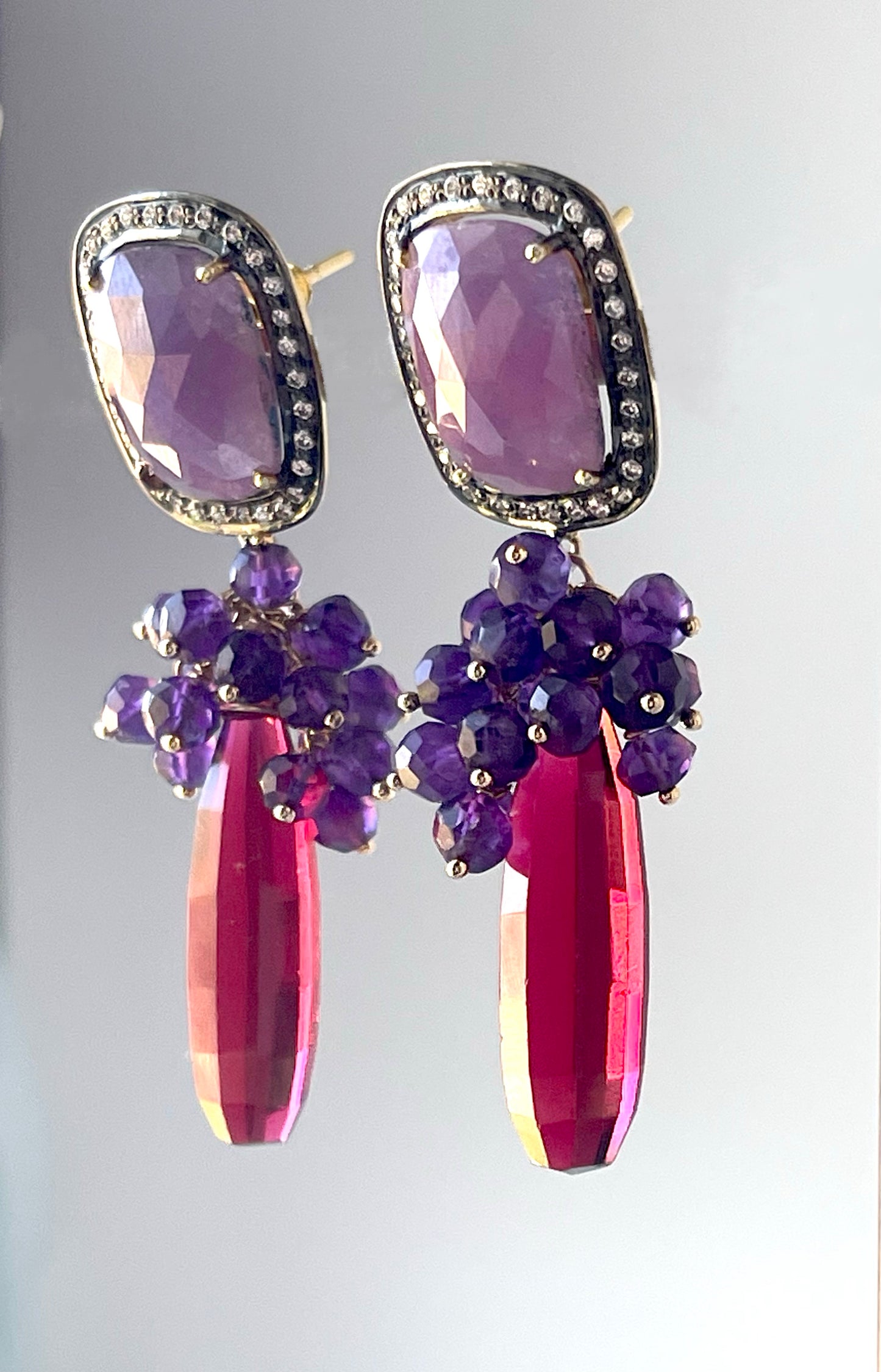 Amethyst Gemstone Grape Cluster Earrings with Raspberry Red Quartz Briolettes and Pink Sapphire Ear Posts, Gold Filled and Gold Plated