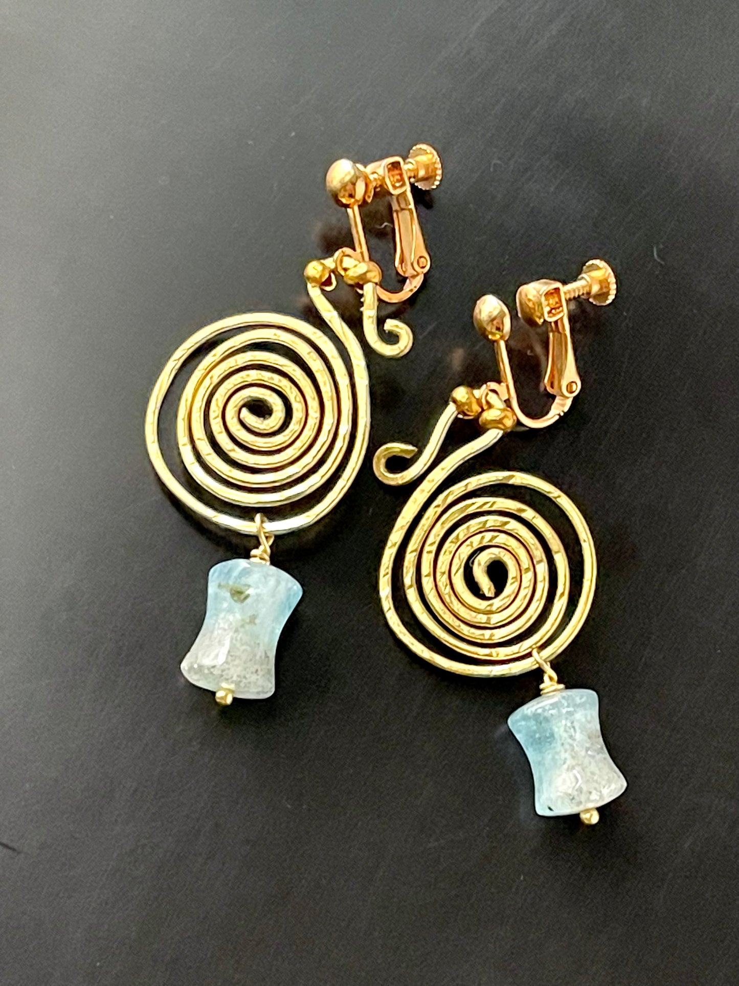 Bronze Age Celtic Style Spiral Coil Earrings with Blue Moss Aquamarine