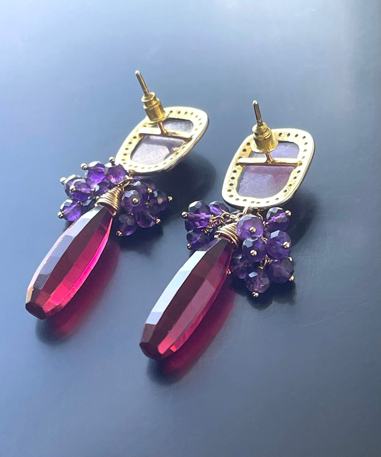 Amethyst Gemstone Grape Cluster Earrings with Raspberry Red Quartz Briolettes and Pink Sapphire Ear Posts, Gold Filled and Gold Plated