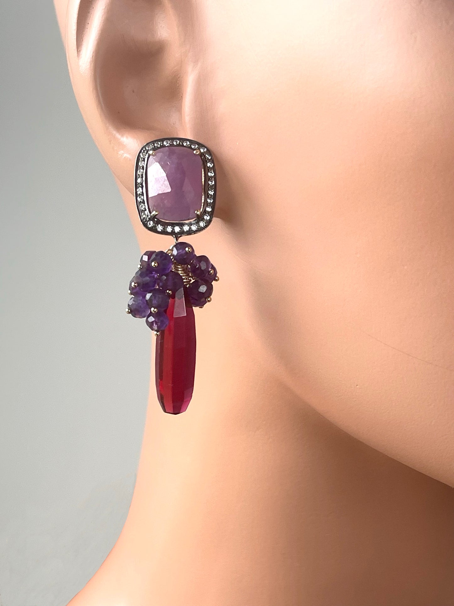 Amethyst Gemstone Grape Cluster Earrings with Raspberry Red Quartz Briolettes and Pink Sapphire Ear Posts, Gold Filled and Gold Plated