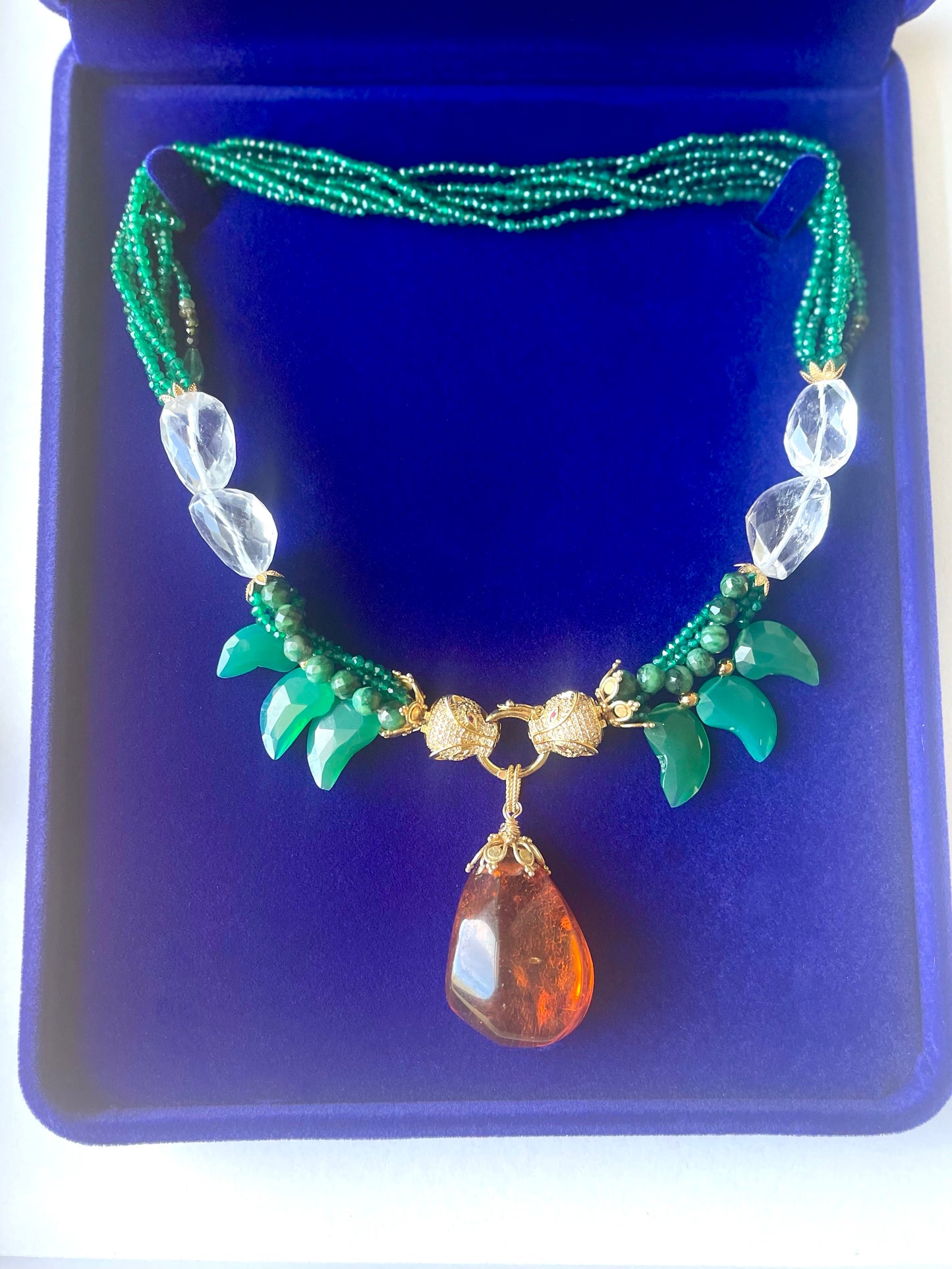 Luxury Necklace with Baltic Amber and Carved Green Onyx