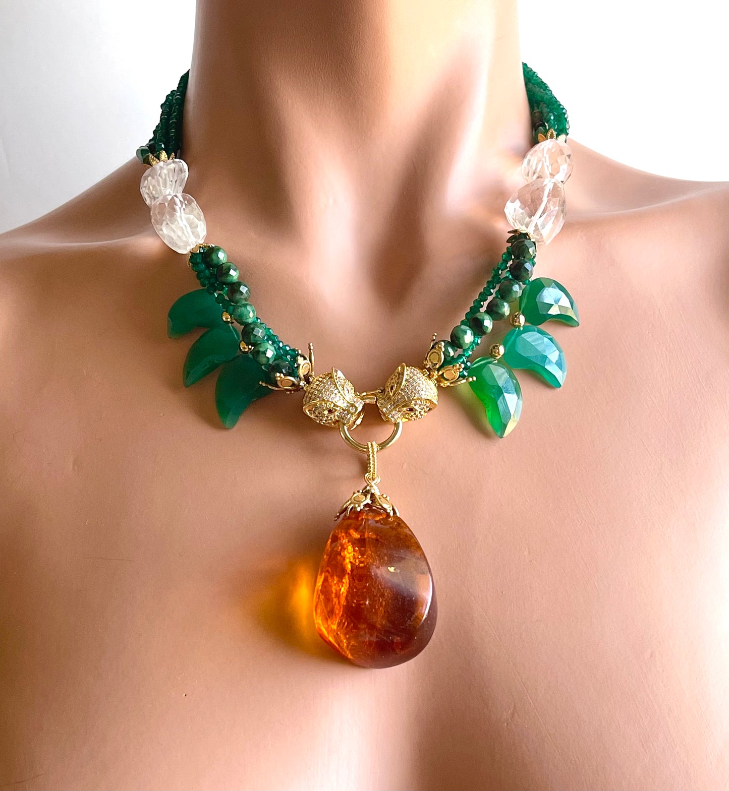 Luxury Necklace with Baltic Amber and Carved Green Onyx