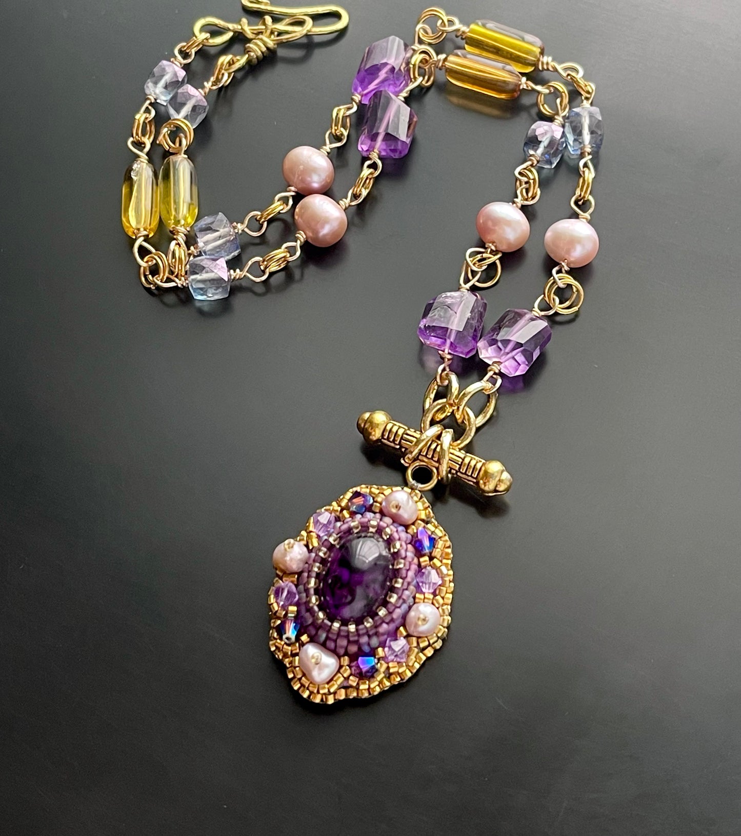 Byzantine Amethyst Gemstone Chain Necklace with Pearls