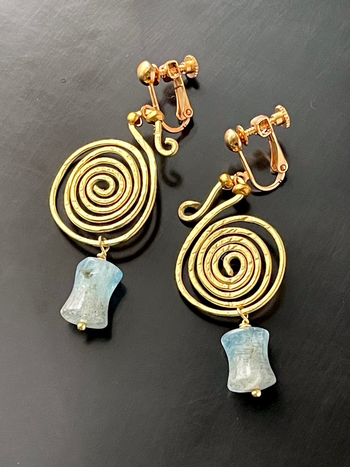 Bronze Age Celtic Style Spiral Coil Earrings with Blue Moss Aquamarine