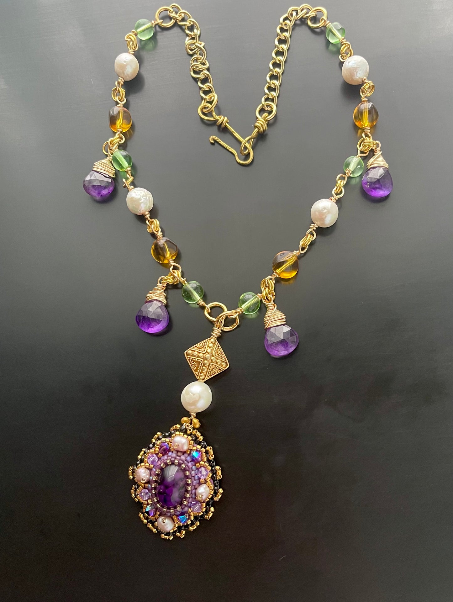 Byzantine Amethyst and Baroque Pearl Chain Necklace