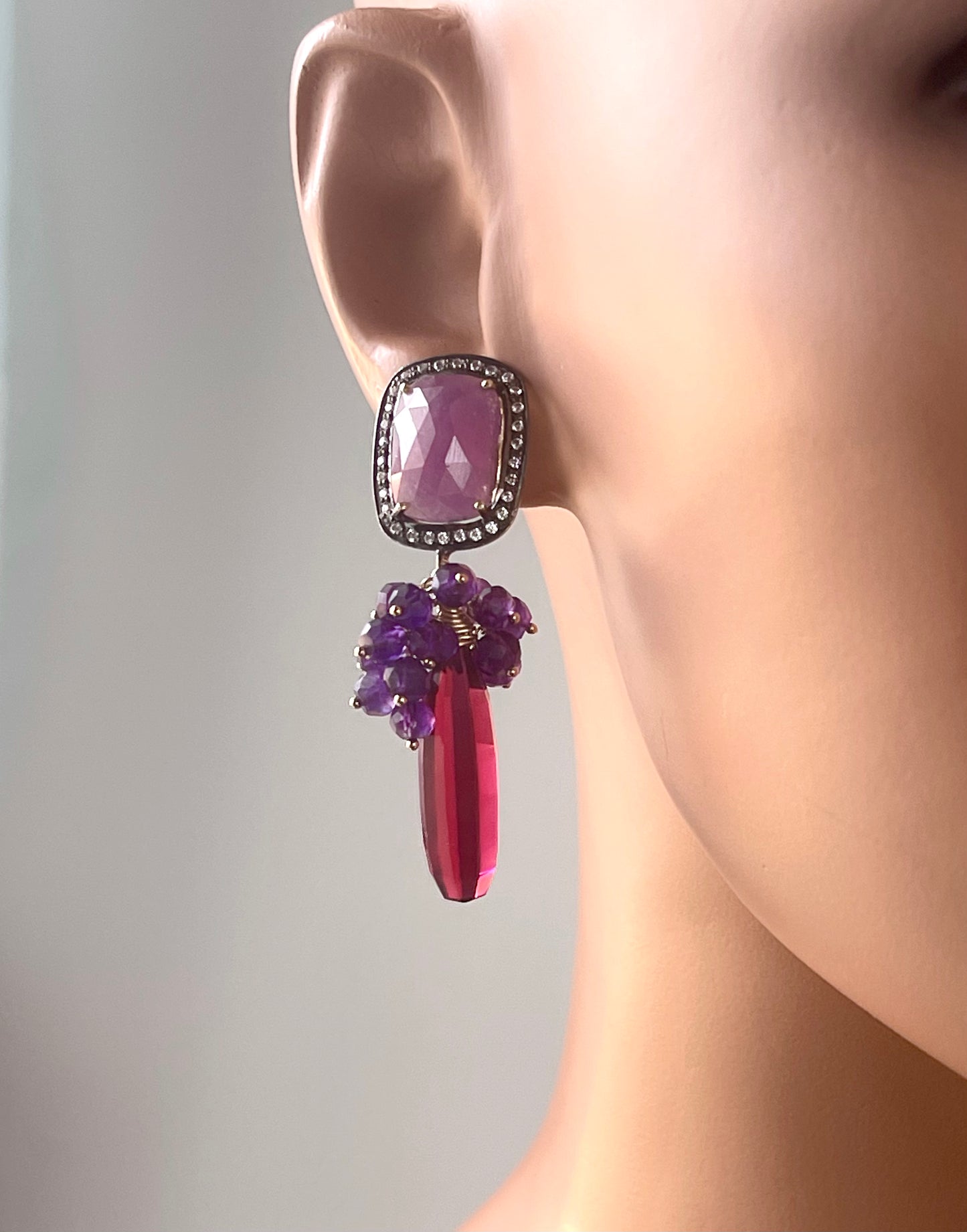 Amethyst Gemstone Grape Cluster Earrings with Raspberry Red Quartz Briolettes and Pink Sapphire Ear Posts, Gold Filled and Gold Plated