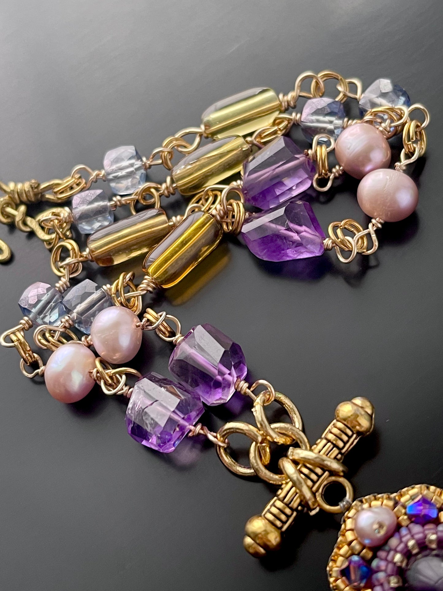 Byzantine Amethyst Gemstone Chain Necklace with Pearls