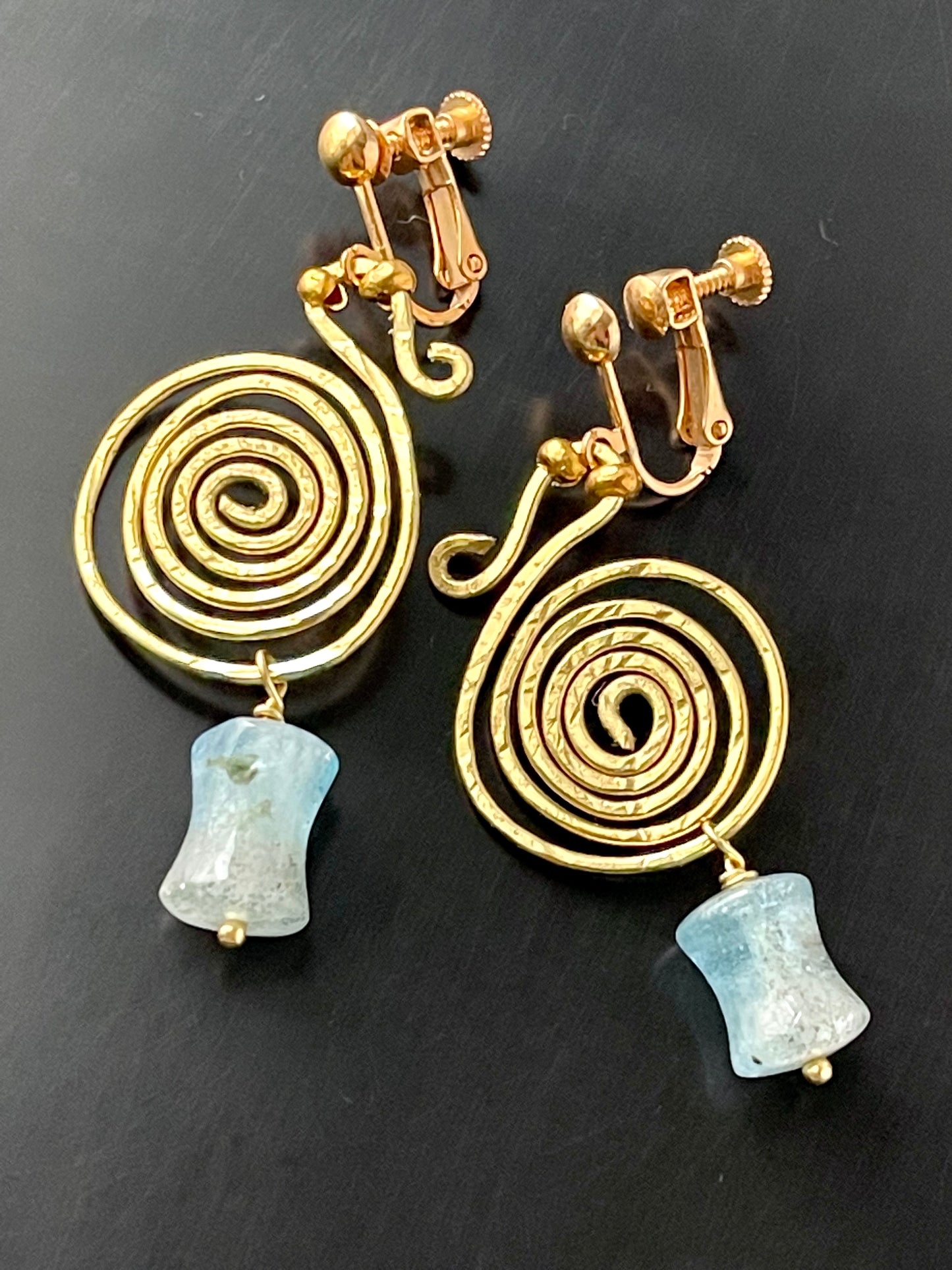 Bronze Age Celtic Style Spiral Coil Earrings with Blue Moss Aquamarine